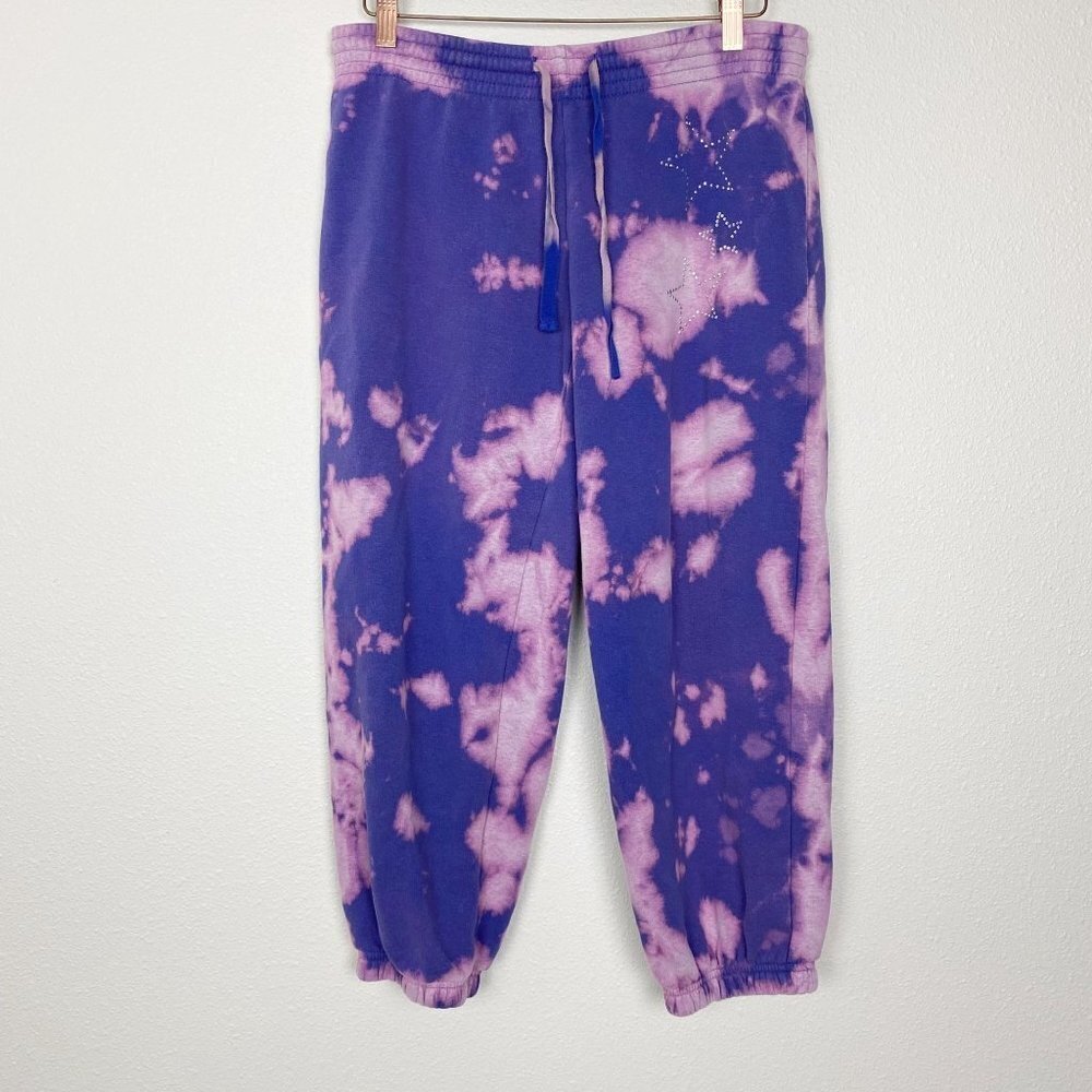 Upcycled Custom Bleach Tie Dye Jenni Star Rhinestone Cropped Jogger Sweatpants - Picture 3 of 8